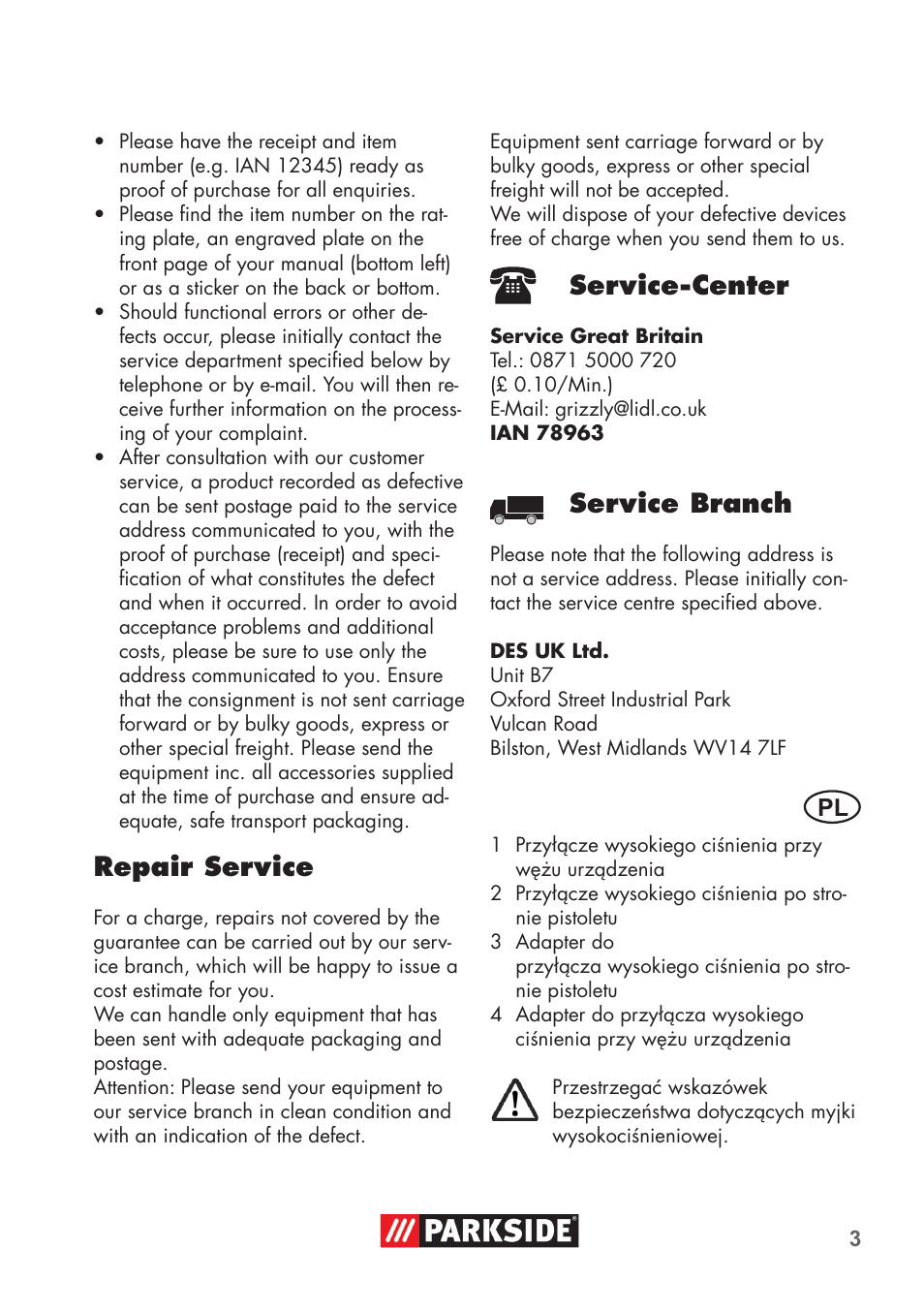 Repair service, Service-center, Service branch | Parkside High-Pressure Extension Hose User Manual | Page 3 / 12