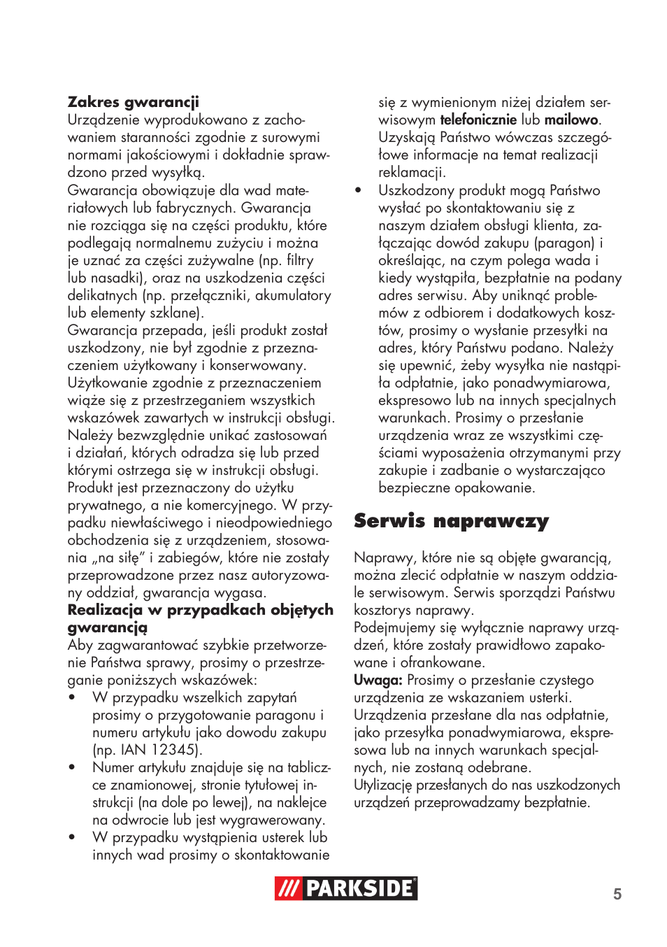 Serwis naprawczy | Parkside High-Pressure Extension Hose User Manual | Page 5 / 12