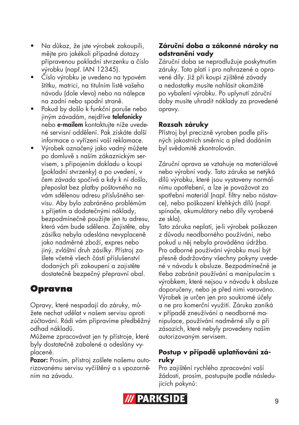 Opravna | Parkside High-Pressure Extension Hose User Manual | Page 9 / 12