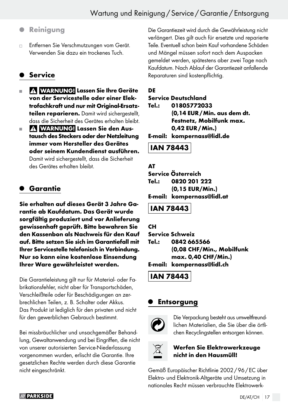 Reinigung, Service, Garantie | Entsorgung | Parkside PFBS 9.6 A1 User Manual | Page 17 / 60