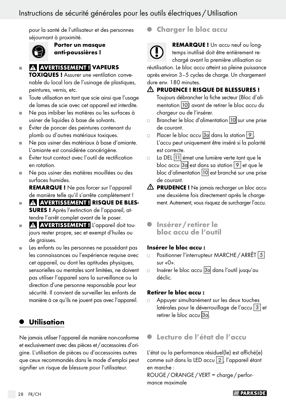 Utilisation, Charger le bloc accu, Insérer / retirer le bloc accu de l’outil | Lecture de l’état de l’accu | Parkside PFBS 9.6 A1 User Manual | Page 28 / 60