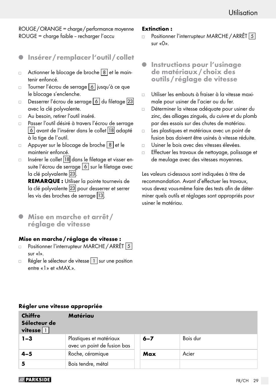 Utilisation, Insérer / remplacer l‘outil / collet, Mise en marche et arrêt / réglage de vitesse | Parkside PFBS 9.6 A1 User Manual | Page 29 / 60