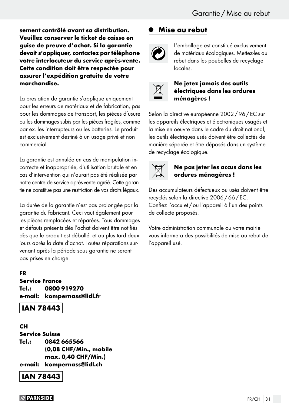 Garantie / mise au rebut, Mise au rebut | Parkside PFBS 9.6 A1 User Manual | Page 31 / 60