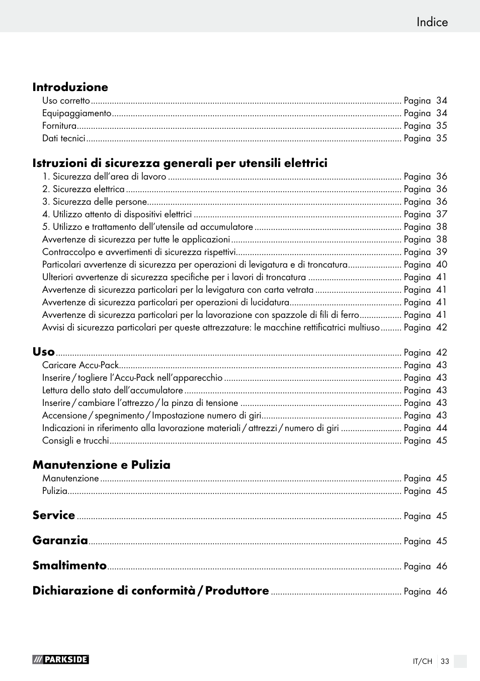 Indice, Déclaration de conformité / constructeur | Parkside PFBS 9.6 A1 User Manual | Page 33 / 60