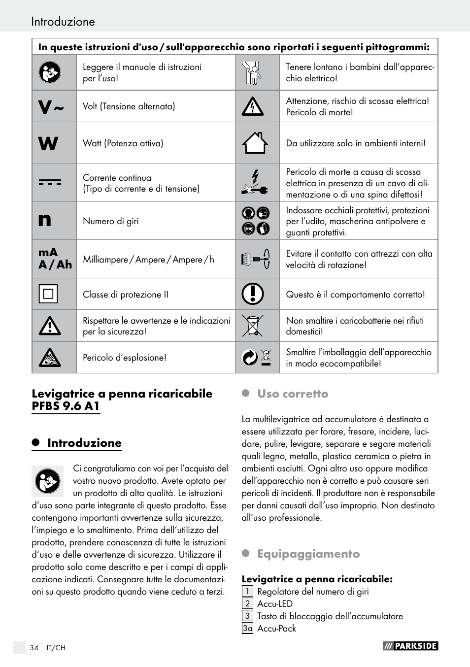 Introduzione | Parkside PFBS 9.6 A1 User Manual | Page 34 / 60