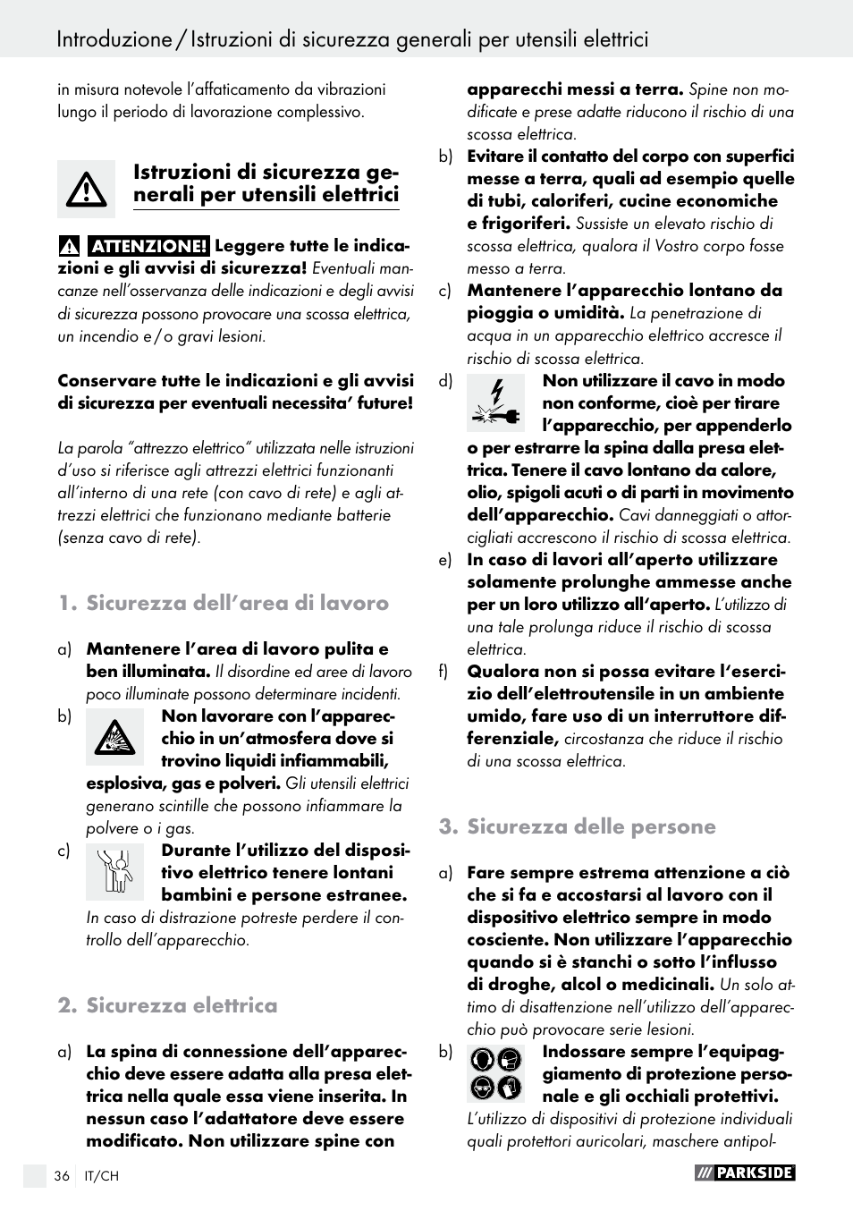Sicurezza dell’area di lavoro, Sicurezza elettrica, Sicurezza delle persone | Parkside PFBS 9.6 A1 User Manual | Page 36 / 60