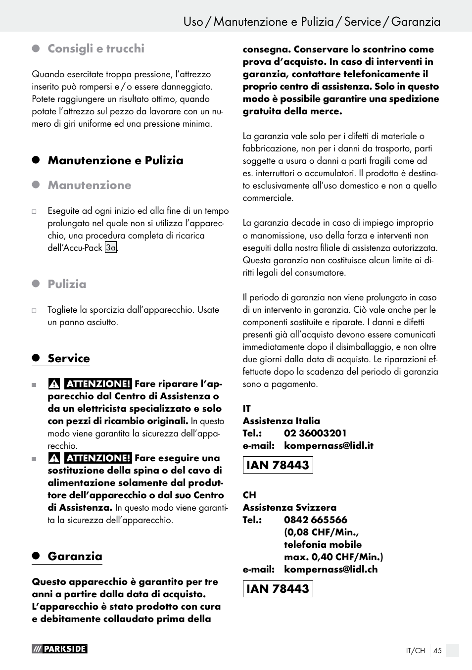 Consigli e trucchi, Manutenzione e pulizia, Manutenzione | Pulizia, Service, Garanzia | Parkside PFBS 9.6 A1 User Manual | Page 45 / 60