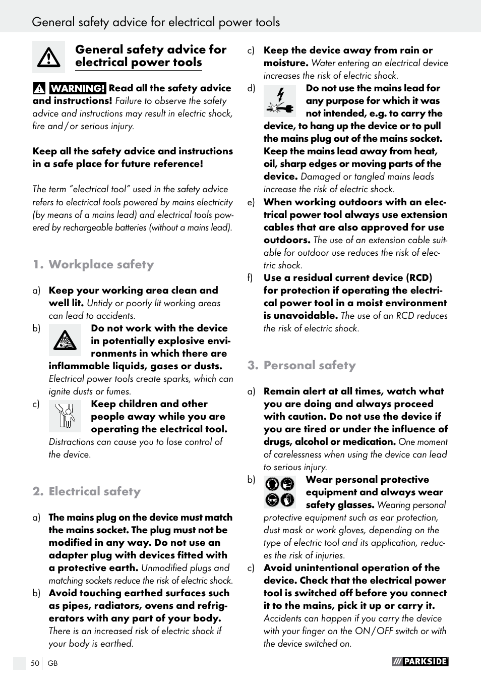 General safety advice for electrical power tools, Workplace safety, Electrical safety | Personal safety | Parkside PFBS 9.6 A1 User Manual | Page 50 / 60