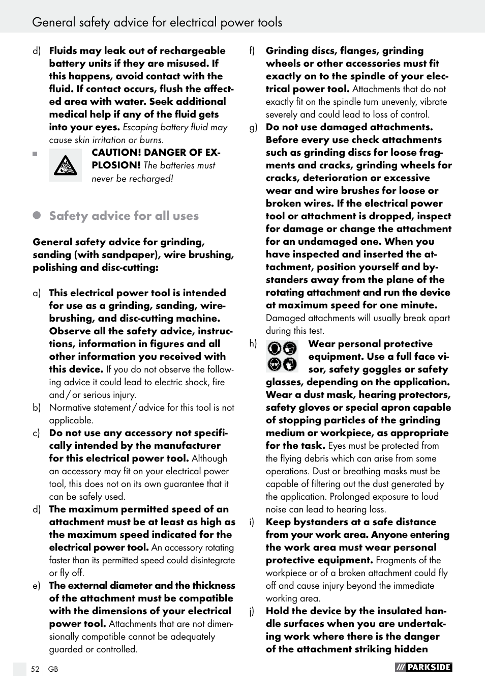 General safety advice for electrical power tools, Safety advice for all uses | Parkside PFBS 9.6 A1 User Manual | Page 52 / 60