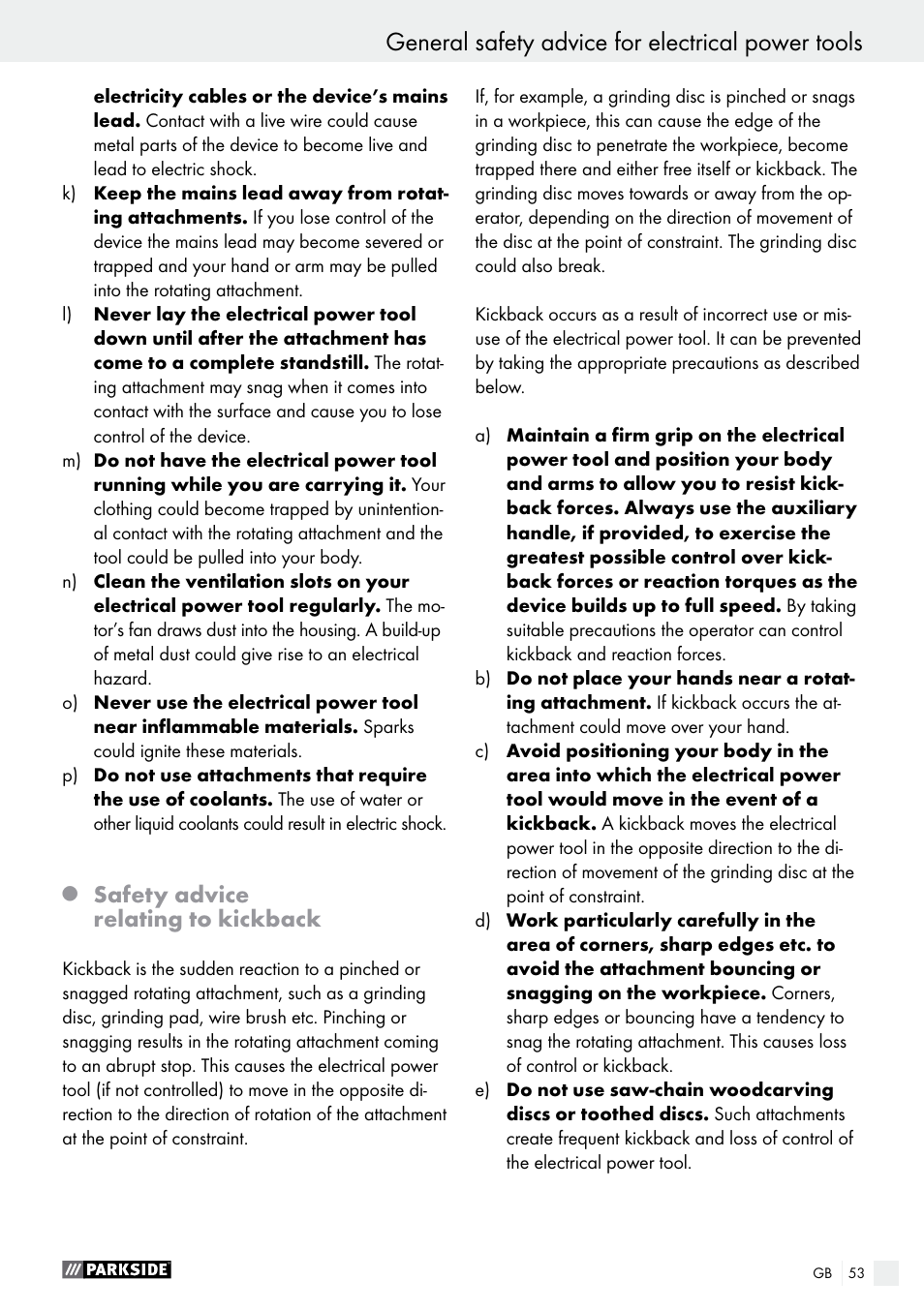 General safety advice for electrical power tools, Safety advice relating to kickback | Parkside PFBS 9.6 A1 User Manual | Page 53 / 60