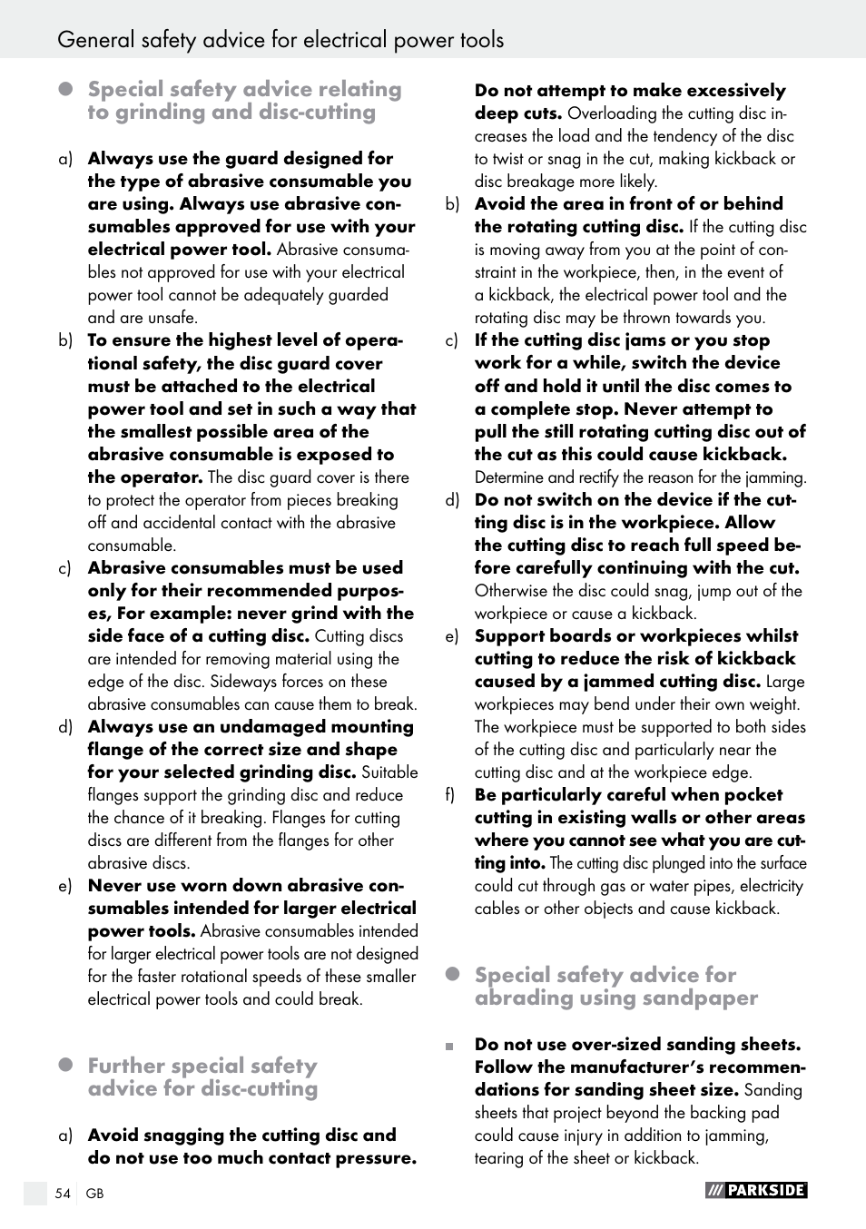 General safety advice for electrical power tools, Further special safety advice for disc-cutting, Special safety advice for abrading using sandpaper | Parkside PFBS 9.6 A1 User Manual | Page 54 / 60