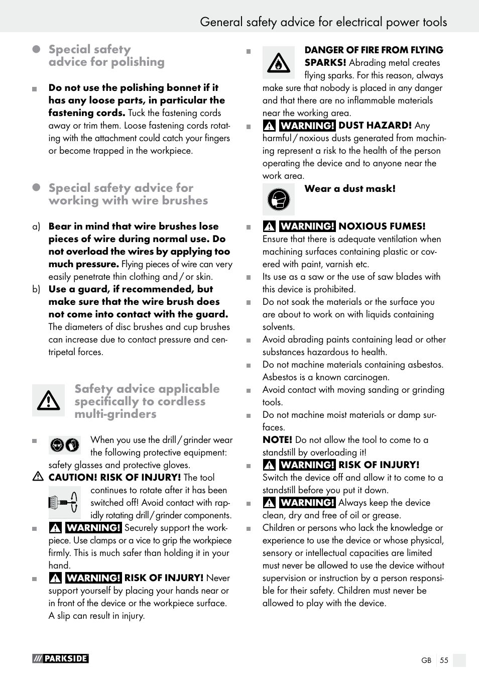 General safety advice for electrical power tools, Special safety advice for polishing | Parkside PFBS 9.6 A1 User Manual | Page 55 / 60
