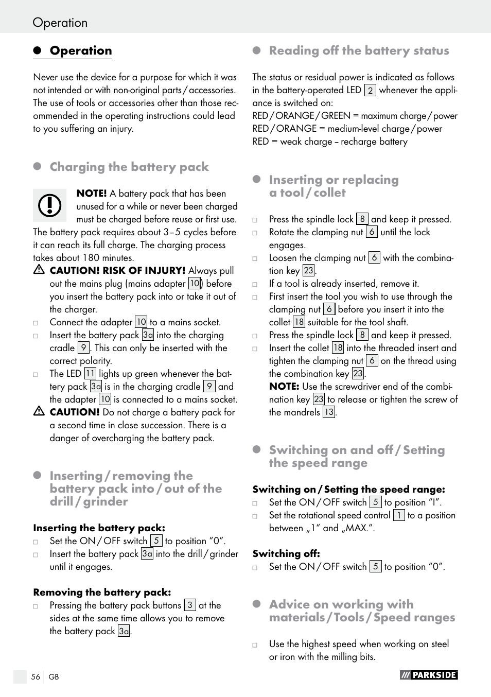 Operation, Charging the battery pack, Reading off the battery status | Inserting or replacing a tool / collet, Switching on and off / setting the speed range | Parkside PFBS 9.6 A1 User Manual | Page 56 / 60