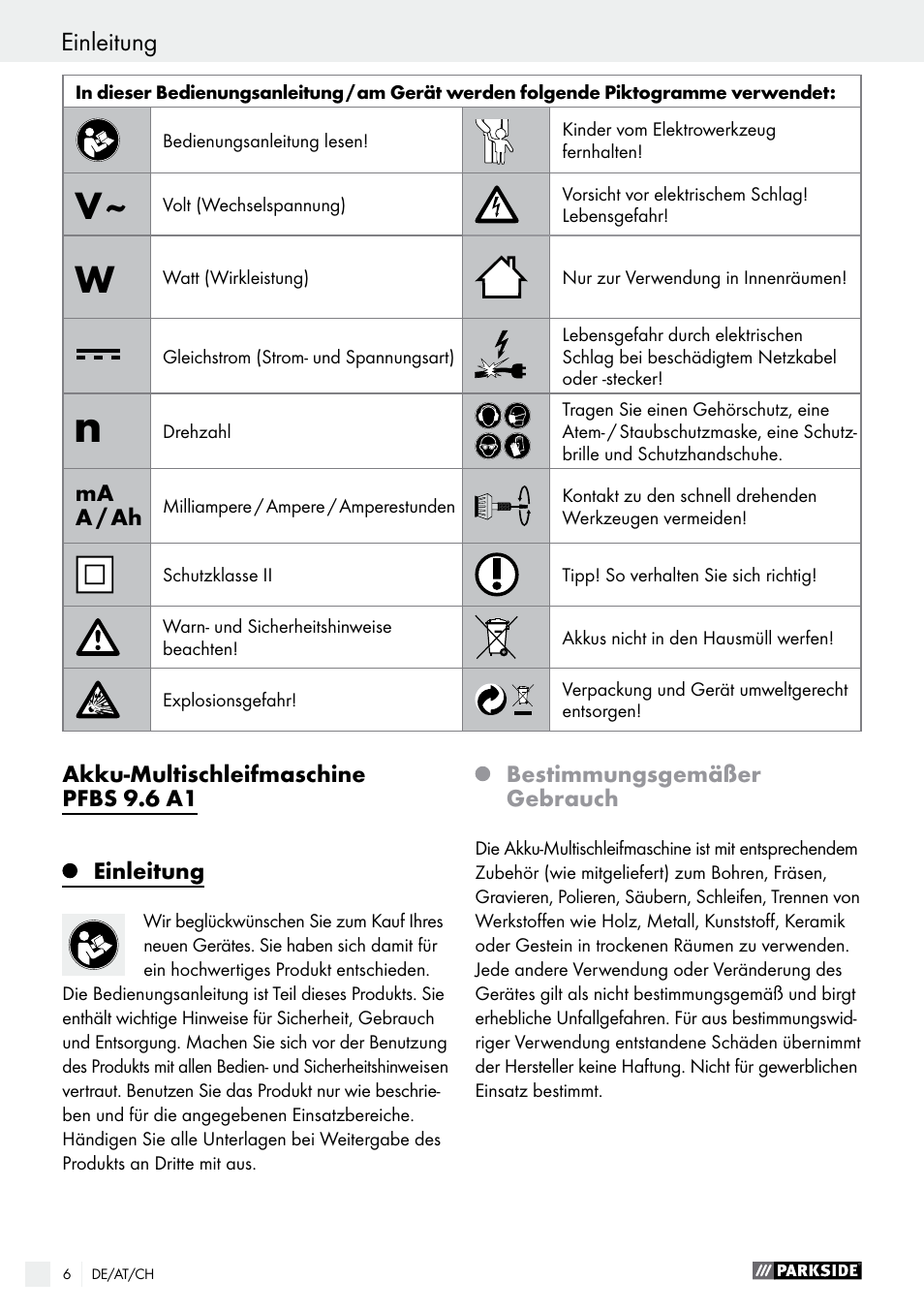Einleitung | Parkside PFBS 9.6 A1 User Manual | Page 6 / 60