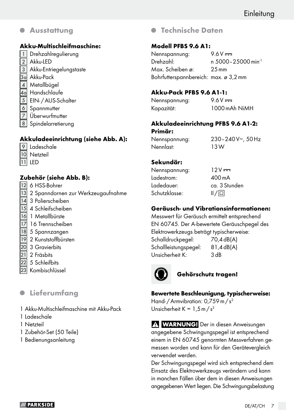 Einleitung, Ausstattung, Lieferumfang | Technische daten | Parkside PFBS 9.6 A1 User Manual | Page 7 / 60