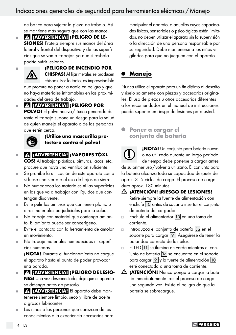 Manejo, Poner a cargar el conjunto de batería | Parkside PFBS 9.6 A1 User Manual | Page 14 / 75