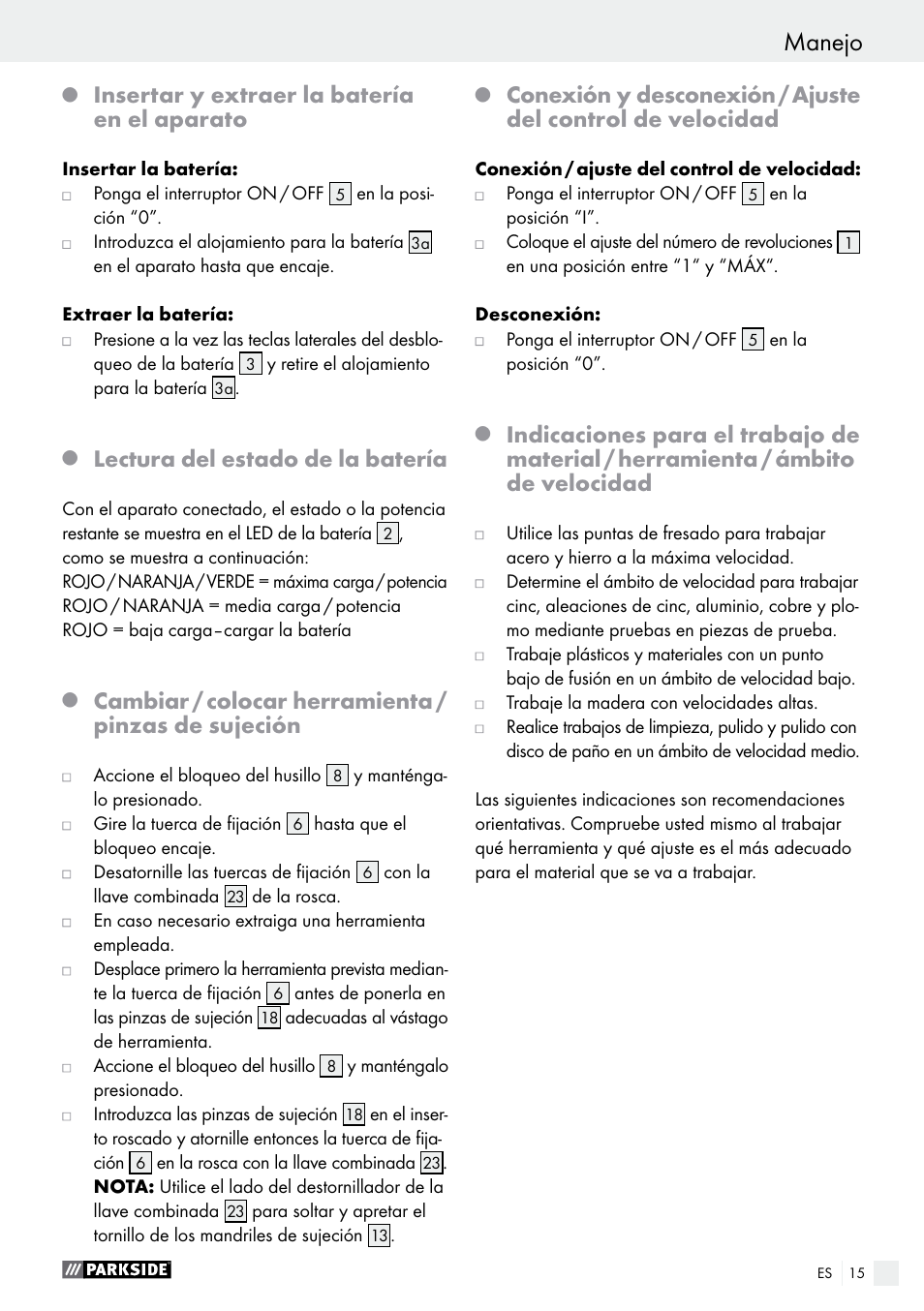 Insertar y extraer la batería en el aparato, Lectura del estado de la batería, Cambiar / colocar herramienta / pinzas de sujeción | Parkside PFBS 9.6 A1 User Manual | Page 15 / 75