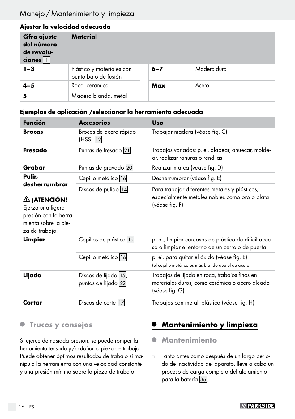 Trucos y consejos, Mantenimiento y limpieza, Mantenimiento | Parkside PFBS 9.6 A1 User Manual | Page 16 / 75