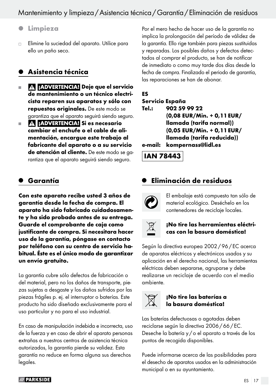 Limpieza, Asistencia técnica, Garantía | Eliminación de residuos | Parkside PFBS 9.6 A1 User Manual | Page 17 / 75