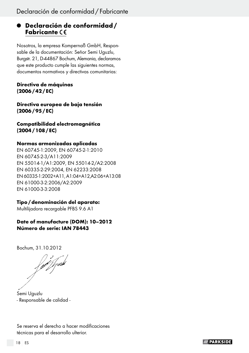 Declaración de conformidad / fabricante, Indice | Parkside PFBS 9.6 A1 User Manual | Page 18 / 75