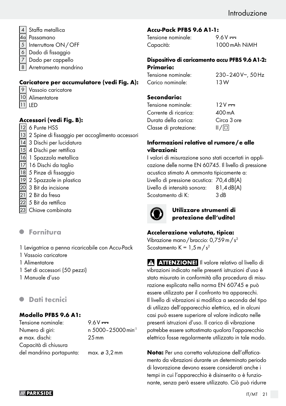 Introduzione, Fornitura, Dati tecnici | Parkside PFBS 9.6 A1 User Manual | Page 21 / 75