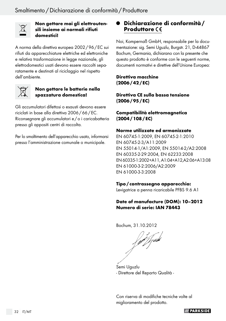 Dichiarazione di conformità / produttore | Parkside PFBS 9.6 A1 User Manual | Page 32 / 75