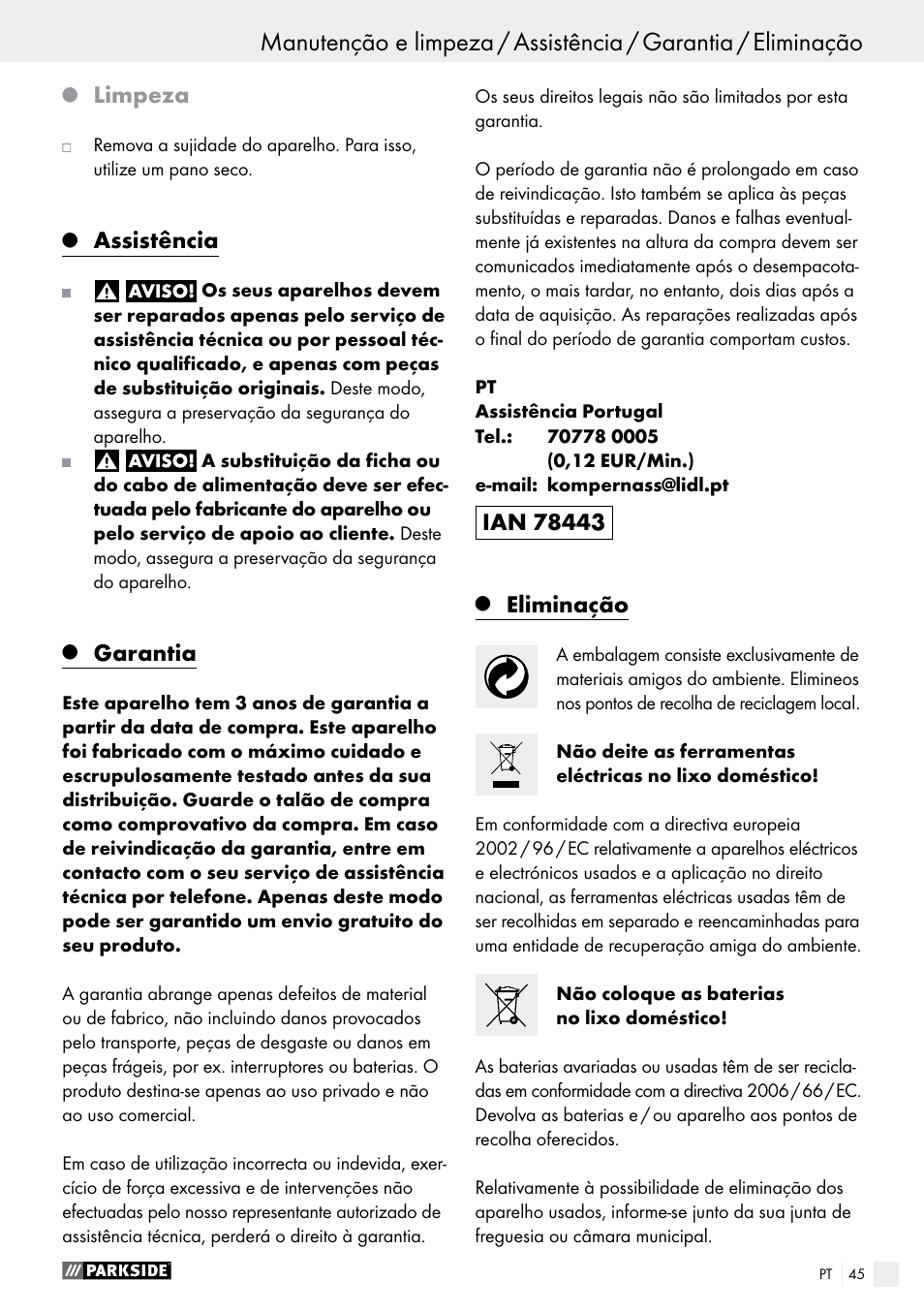 Limpeza, Assistência, Garantia | Eliminação | Parkside PFBS 9.6 A1 User Manual | Page 45 / 75