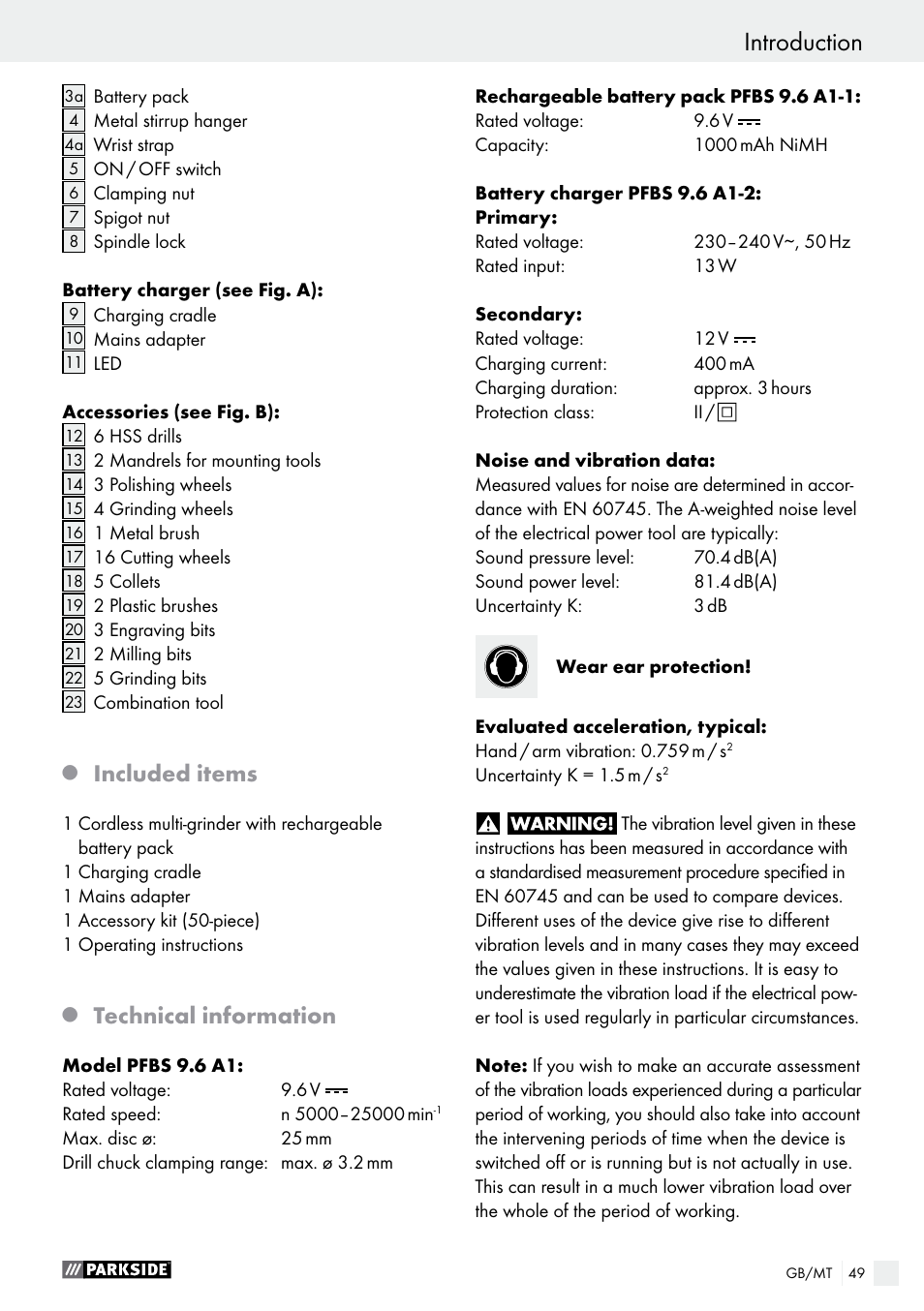 Introduction, Included items, Technical information | Parkside PFBS 9.6 A1 User Manual | Page 49 / 75