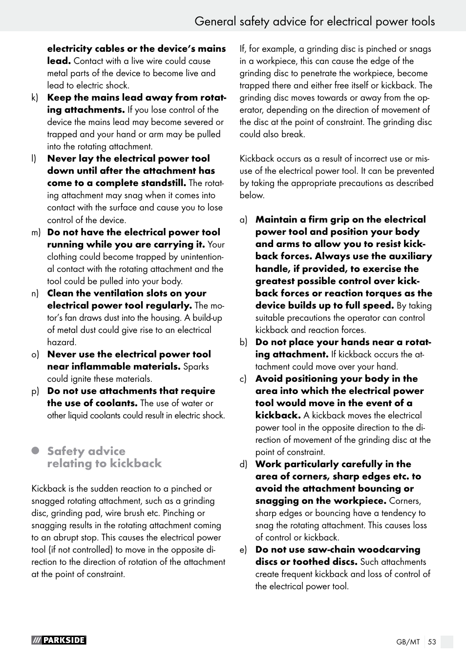 General safety advice for electrical power tools, Safety advice relating to kickback | Parkside PFBS 9.6 A1 User Manual | Page 53 / 75