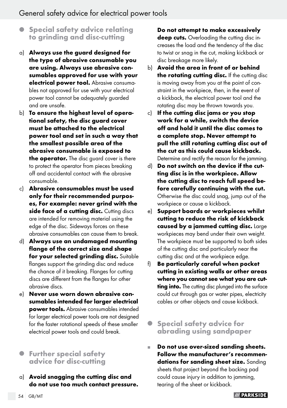 General safety advice for electrical power tools, Further special safety advice for disc-cutting, Special safety advice for abrading using sandpaper | Parkside PFBS 9.6 A1 User Manual | Page 54 / 75