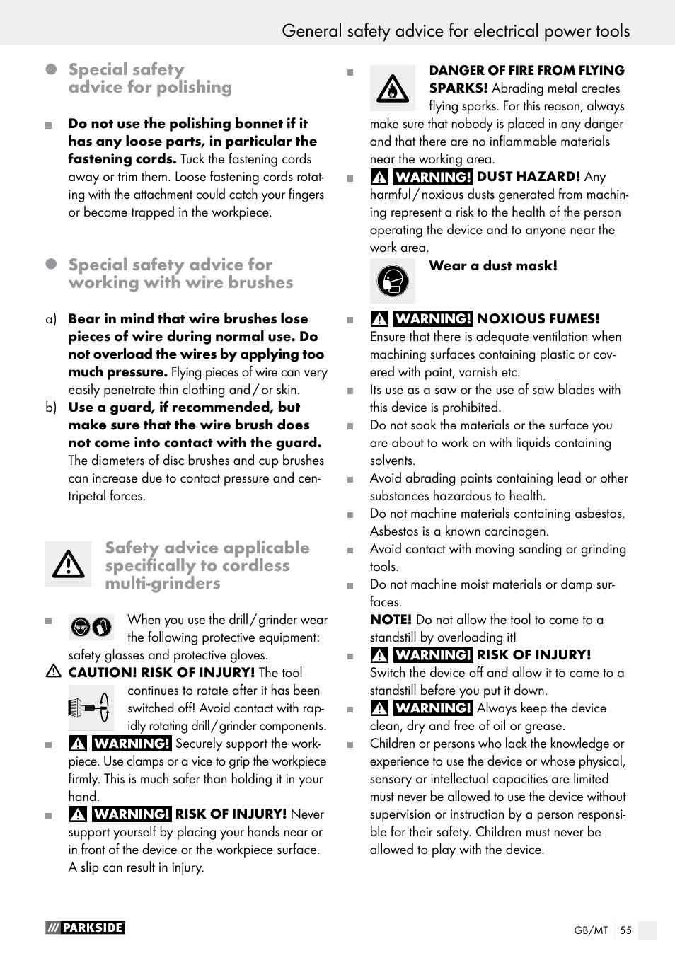 General safety advice for electrical power tools, Special safety advice for polishing | Parkside PFBS 9.6 A1 User Manual | Page 55 / 75