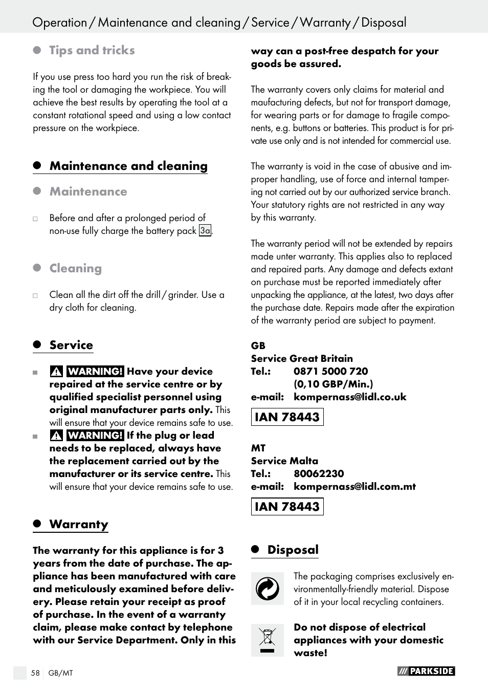 Tips and tricks, Maintenance and cleaning, Maintenance | Cleaning, Service, Warranty, Disposal | Parkside PFBS 9.6 A1 User Manual | Page 58 / 75