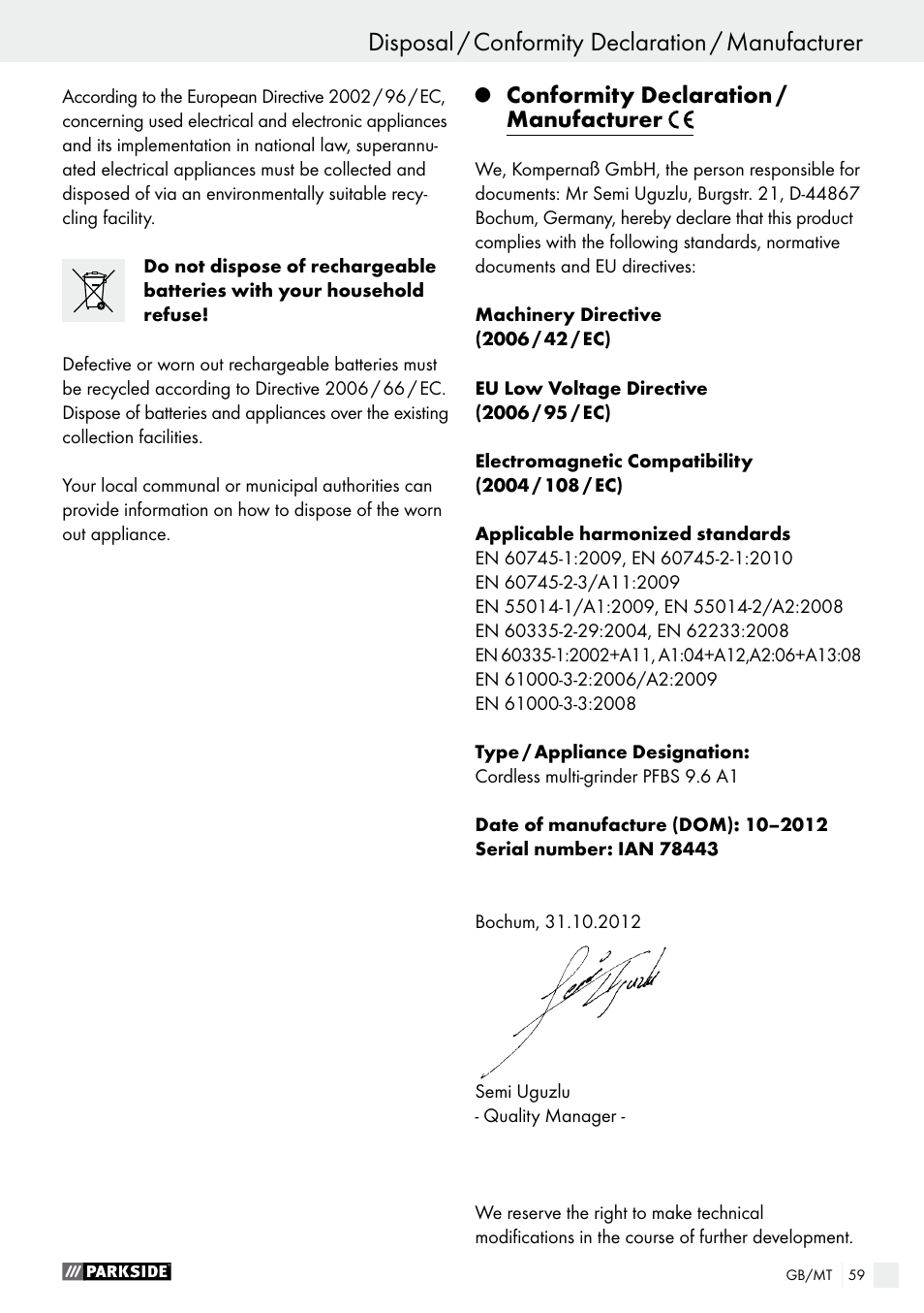 Conformity declaration / manufacturer | Parkside PFBS 9.6 A1 User Manual | Page 59 / 75