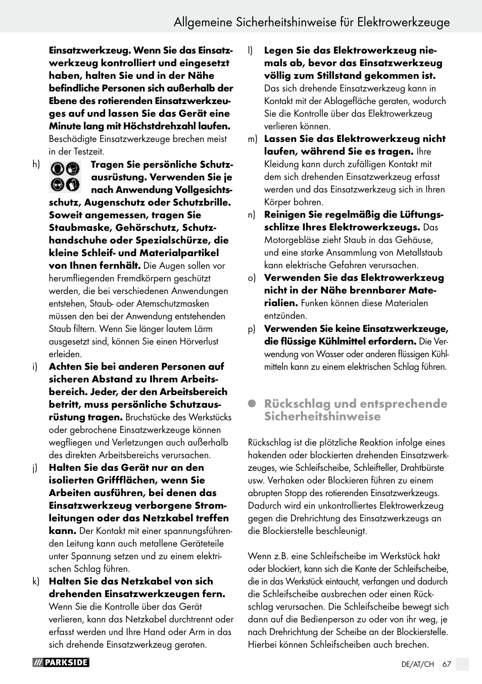 Rückschlag und entsprechende sicherheitshinweise | Parkside PFBS 9.6 A1 User Manual | Page 67 / 75