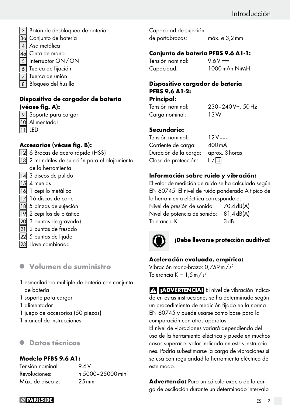 Introducción, Volumen de suministro, Datos técnicos | Parkside PFBS 9.6 A1 User Manual | Page 7 / 75