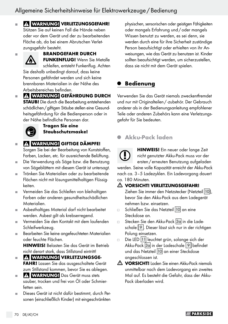 Bedienung, Akku-pack laden | Parkside PFBS 9.6 A1 User Manual | Page 70 / 75