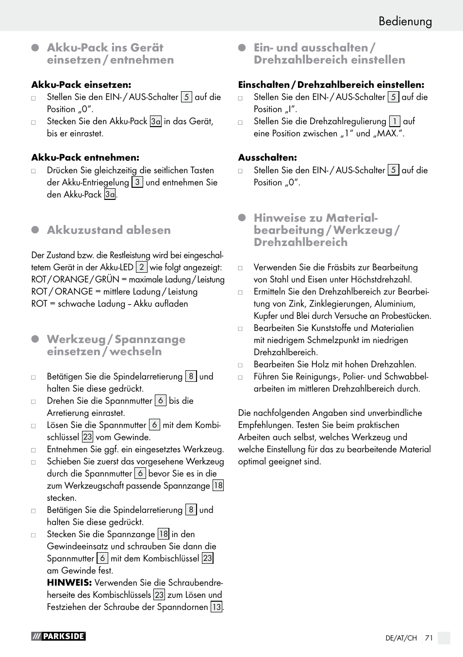 Akku-pack ins gerät einsetzen / entnehmen, Akkuzustand ablesen, Werkzeug / spannzange einsetzen / wechseln | Ein- und ausschalten / drehzahlbereich einstellen | Parkside PFBS 9.6 A1 User Manual | Page 71 / 75