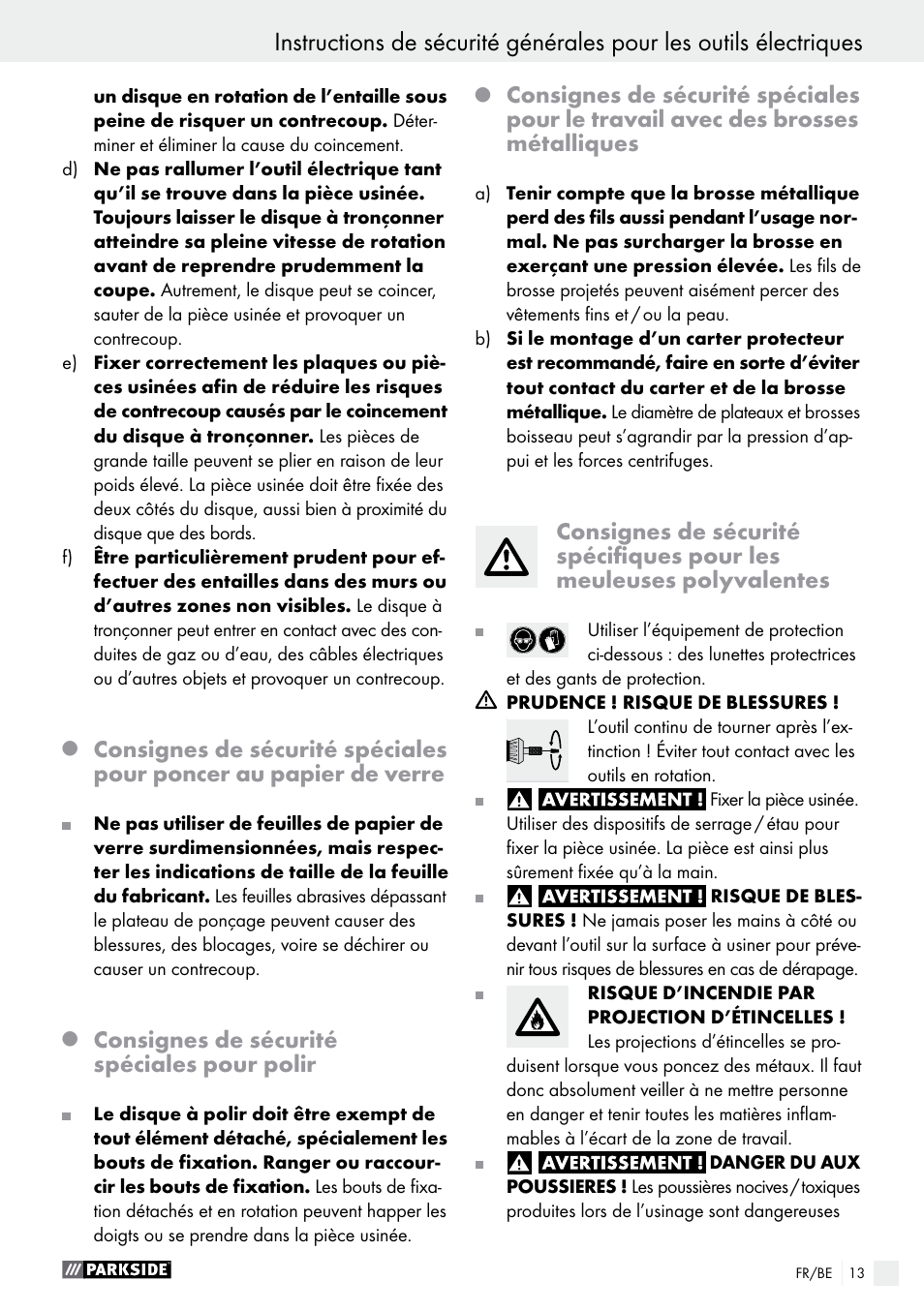 Consignes de sécurité spéciales pour polir | Parkside PFBS 9.6 A1 User Manual | Page 13 / 60