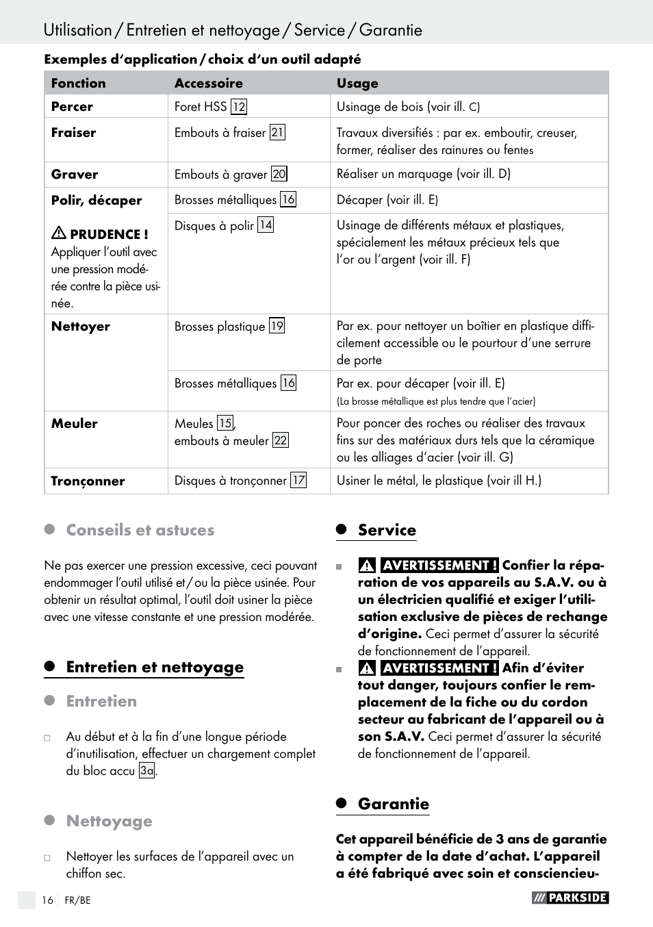 Conseils et astuces, Entretien et nettoyage, Entretien | Nettoyage, Service, Garantie | Parkside PFBS 9.6 A1 User Manual | Page 16 / 60