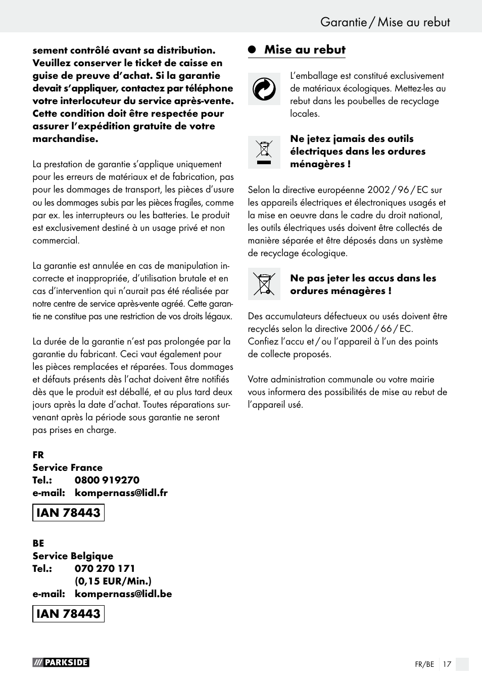 Garantie / mise au rebut, Mise au rebut | Parkside PFBS 9.6 A1 User Manual | Page 17 / 60