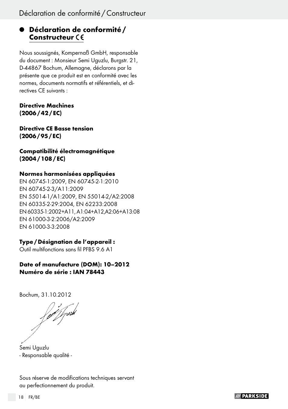 Déclaration de conformité / constructeur, Inhoudsopgave | Parkside PFBS 9.6 A1 User Manual | Page 18 / 60