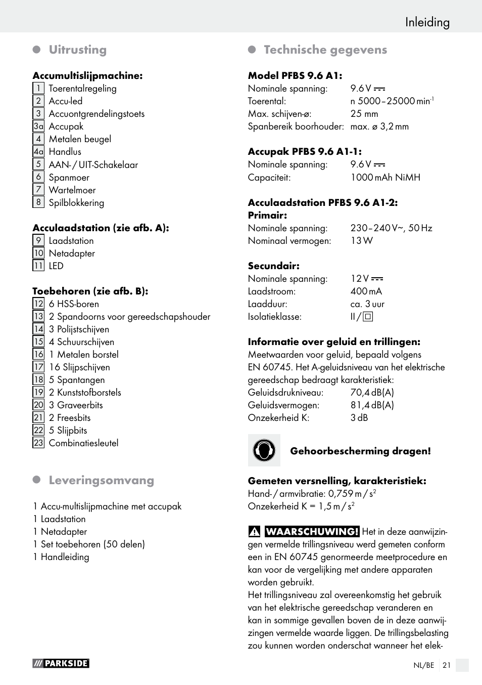 Inleiding, Uitrusting, Leveringsomvang | Technische gegevens | Parkside PFBS 9.6 A1 User Manual | Page 21 / 60