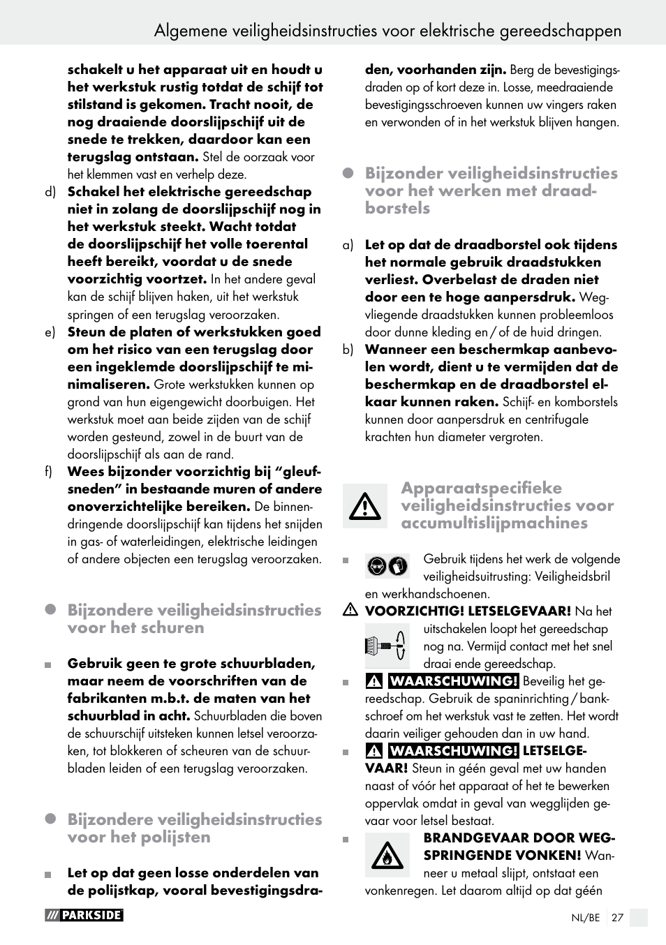 Bijzondere veiligheidsinstructies voor het schuren | Parkside PFBS 9.6 A1 User Manual | Page 27 / 60
