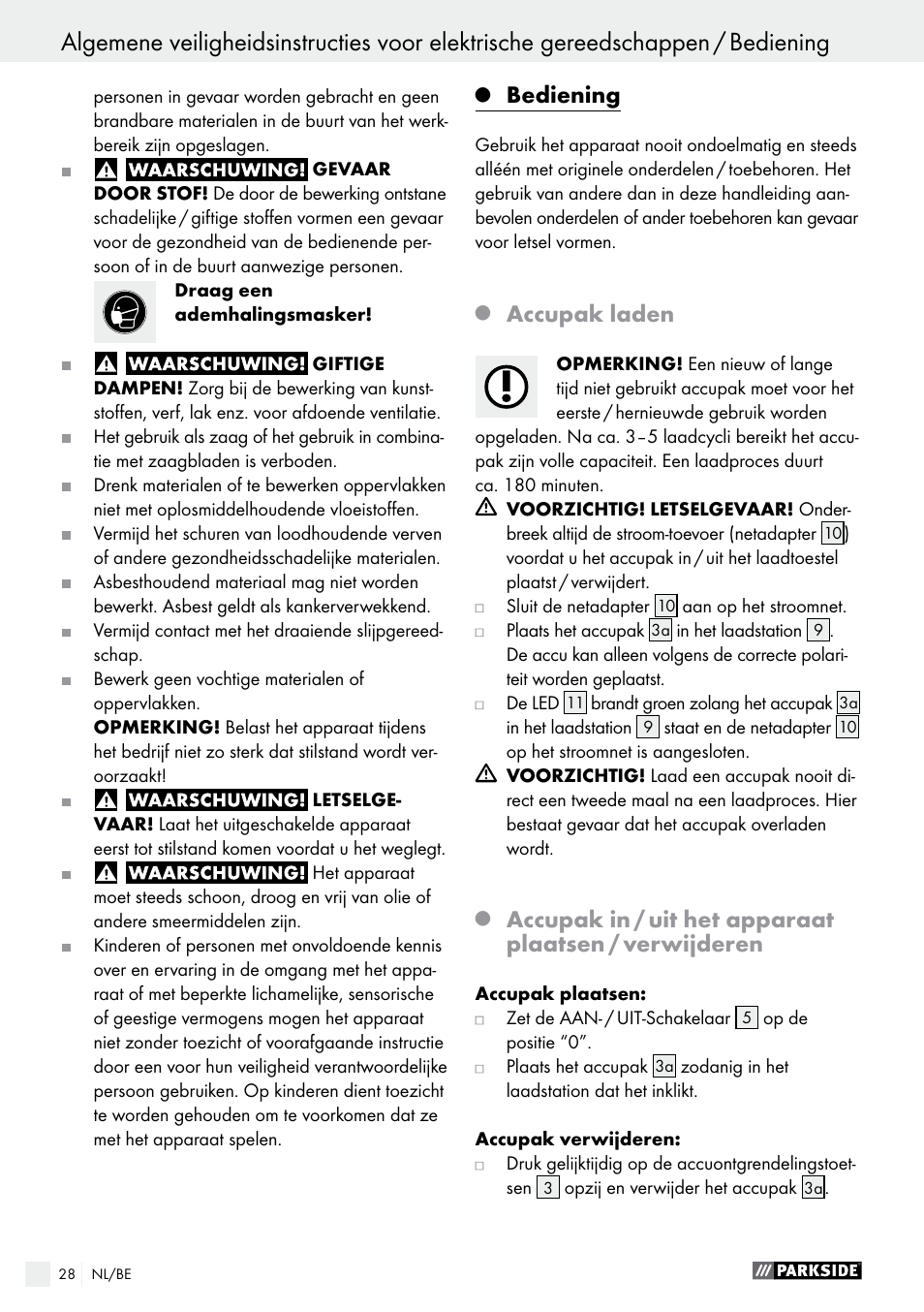 Bediening, Accupak laden | Parkside PFBS 9.6 A1 User Manual | Page 28 / 60