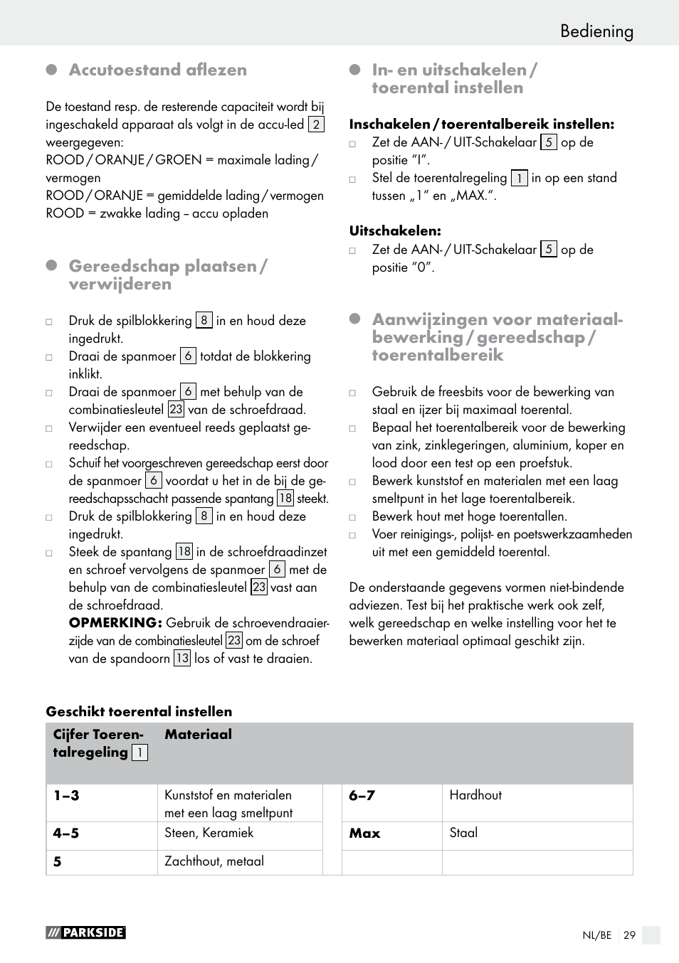 Accutoestand aflezen, Gereedschap plaatsen / verwijderen, In- en uitschakelen / toerental instellen | Parkside PFBS 9.6 A1 User Manual | Page 29 / 60