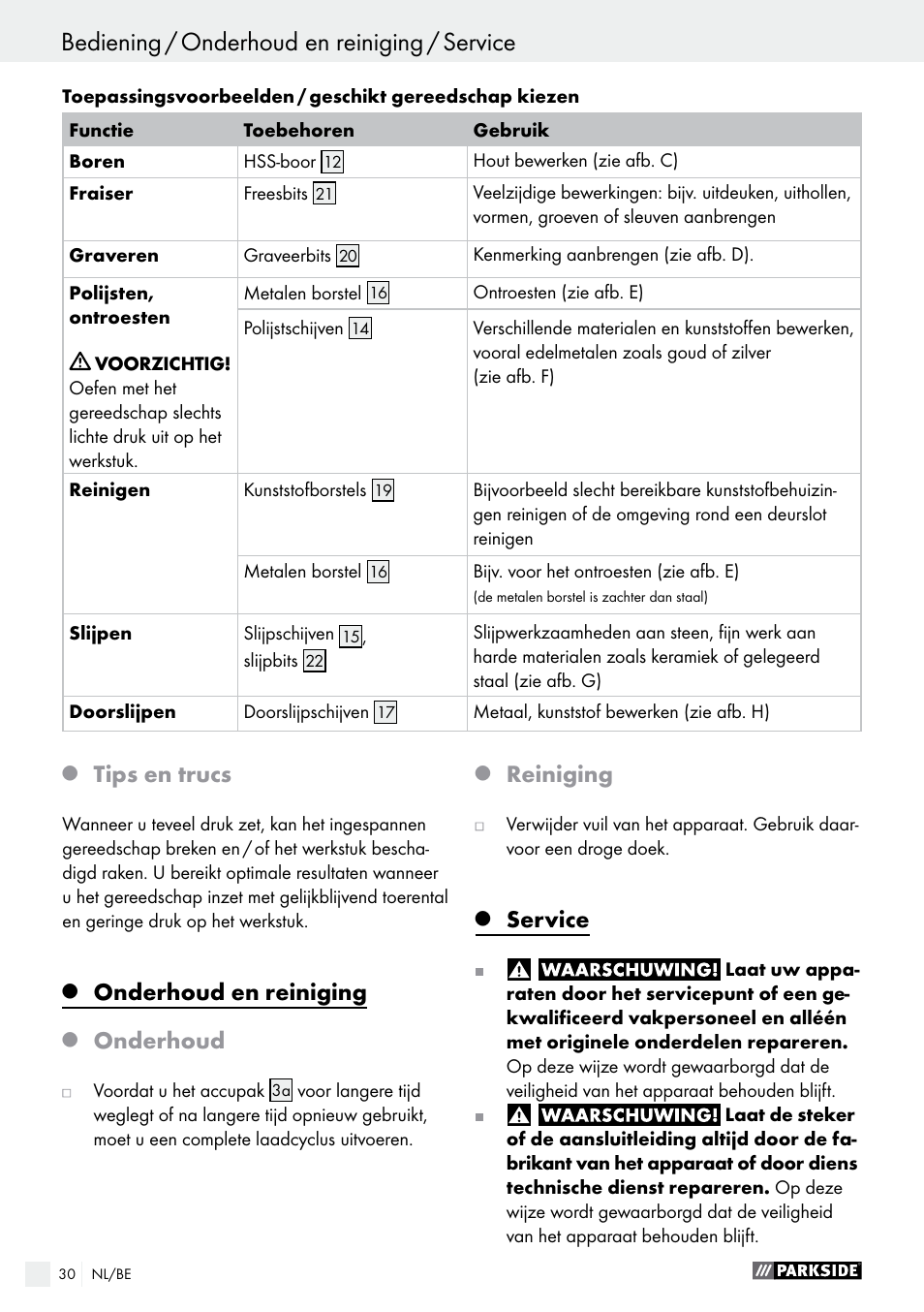 Tips en trucs, Onderhoud en reiniging, Onderhoud | Reiniging, Service | Parkside PFBS 9.6 A1 User Manual | Page 30 / 60