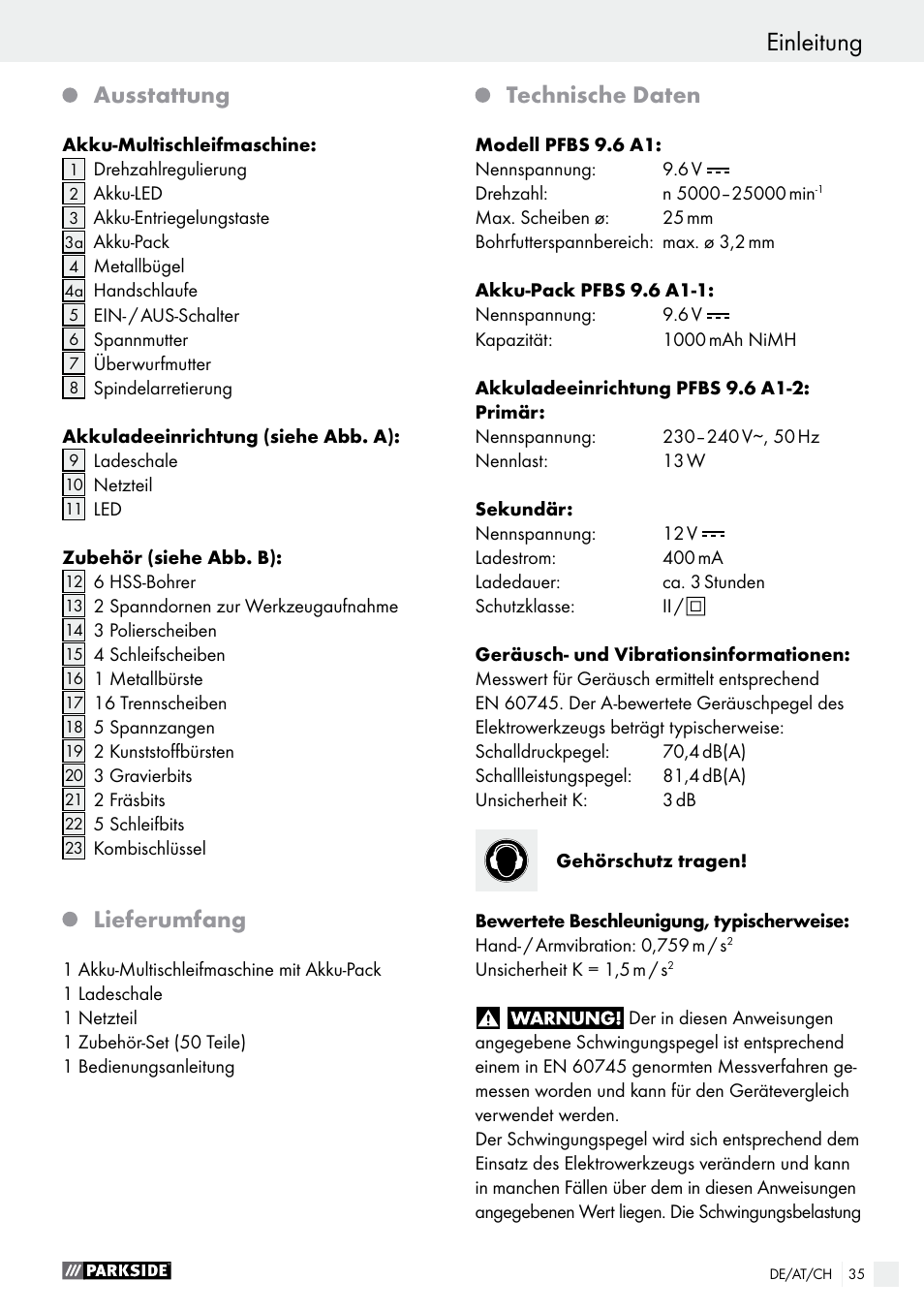 Einleitung, Ausstattung, Lieferumfang | Technische daten | Parkside PFBS 9.6 A1 User Manual | Page 35 / 60