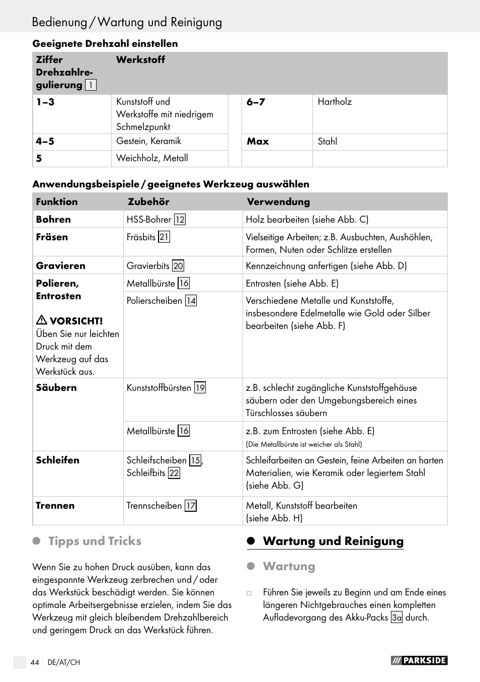 Bedienung / wartung und reinigung, Tipps und tricks, Wartung und reinigung | Wartung | Parkside PFBS 9.6 A1 User Manual | Page 44 / 60