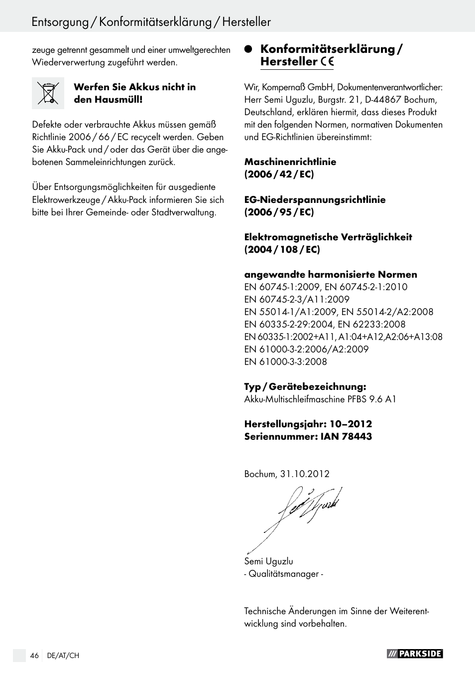 Parkside PFBS 9.6 A1 User Manual | Page 46 / 60