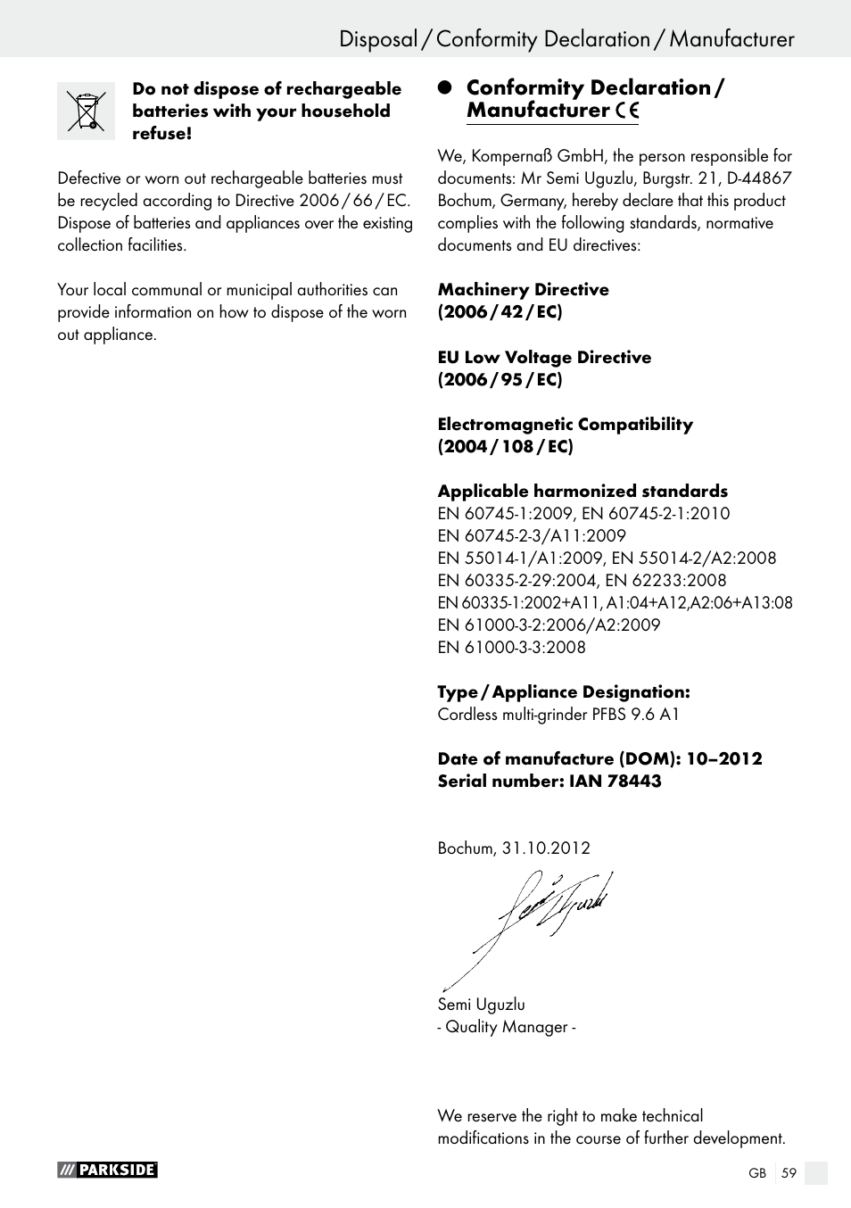 Conformity declaration / manufacturer | Parkside PFBS 9.6 A1 User Manual | Page 59 / 60